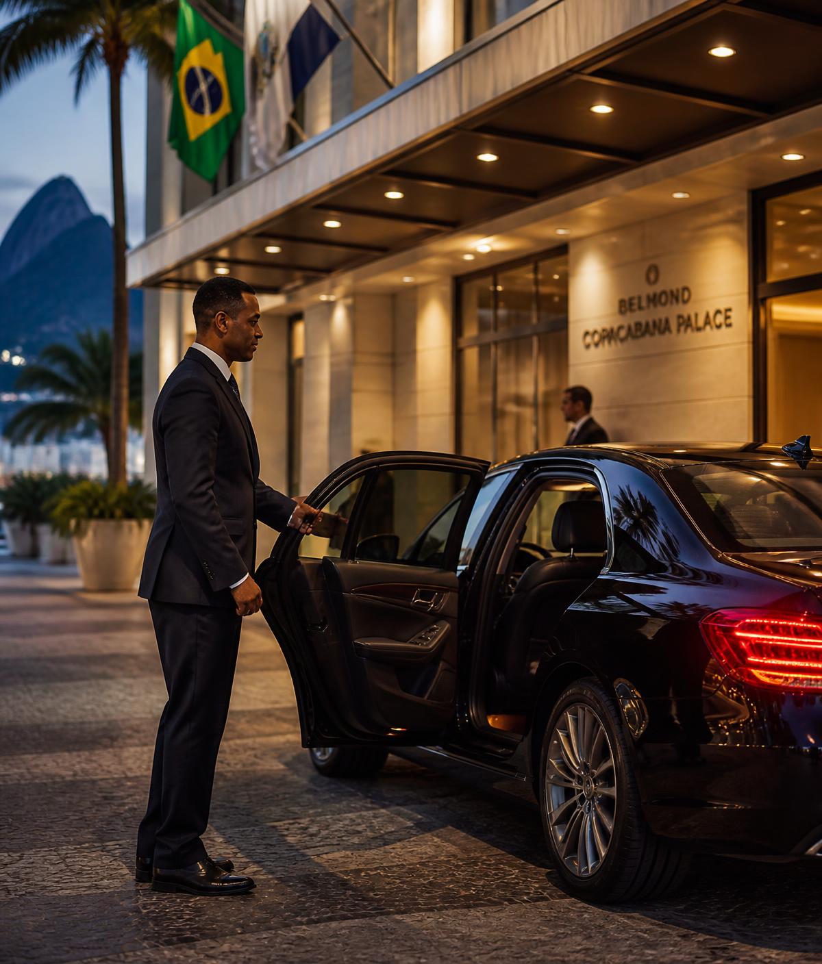 Motorista de terno abrindo a porta de um sedan executivo em hotel cinco estrelas