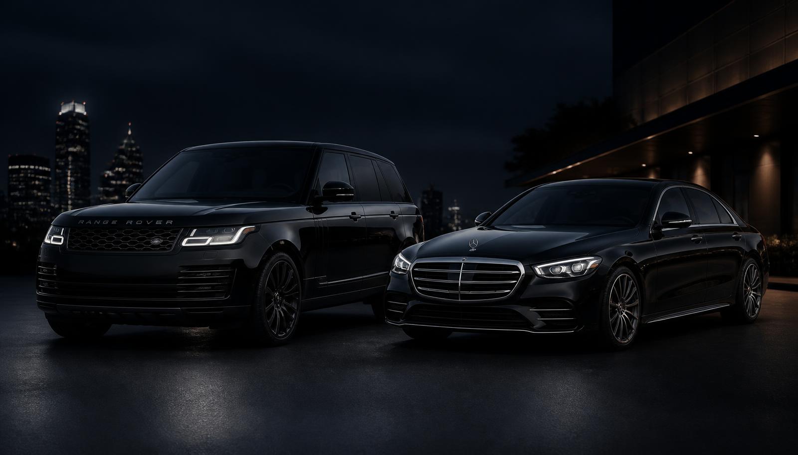Sedan e SUV executivos pretos da frota Royalcoop