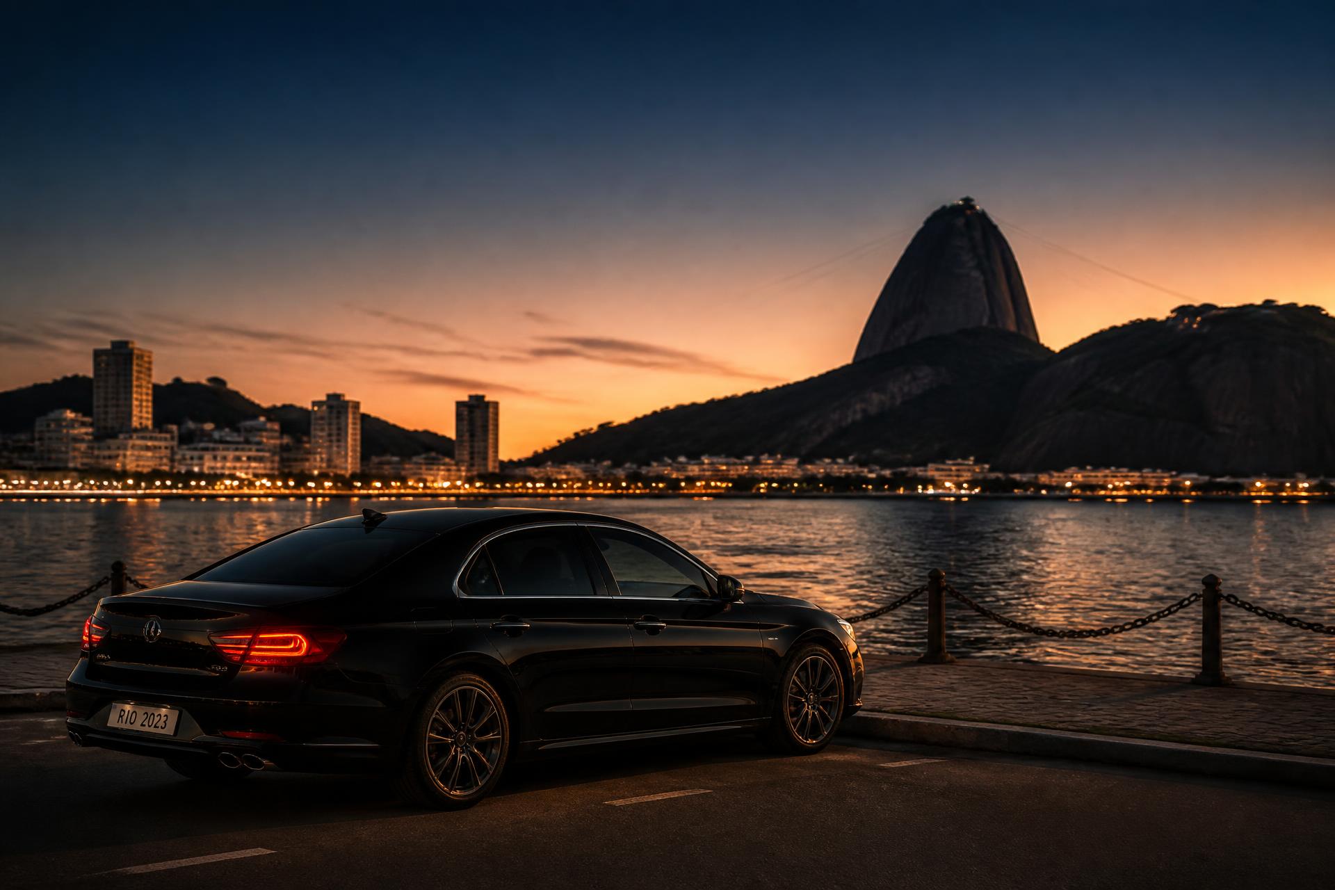 Sedan executivo preto da Royalcoop diante do Pão de Açúcar, Rio de Janeiro